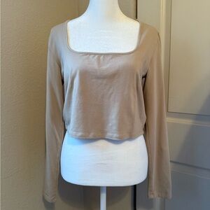 Aerie Tan Square-neck Long Sleeve Crop Top